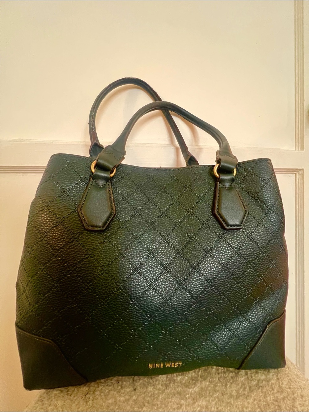 Nine West Dark Green Quilted-Texture Tote with Gold Hardware